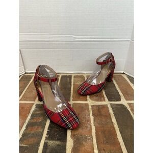 J.Crew Red Tartan Plaid Pumps Block Heel Ankle Strap Pumps Holiday Women's 8